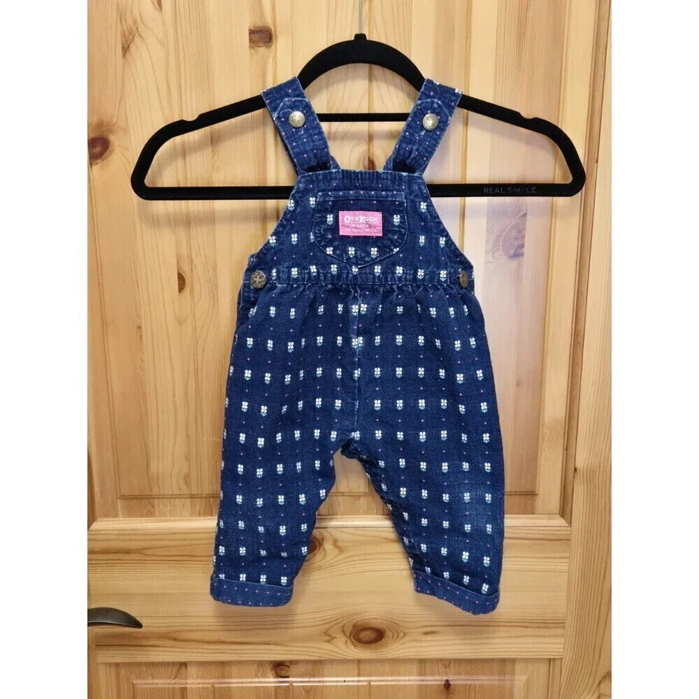 VINTAGE OSHKOSH B'GOSH COTTON DENIM BID OVERALLS 1980S DAISY FLORAL BABY 12 MONS